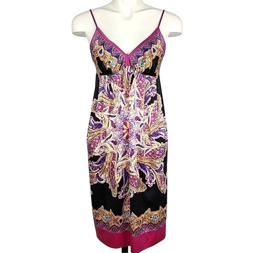 Dressbarn Women's Paisley Floral Black Magenta Satin Slip Dress 10